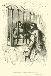 Don Quixote carried home in a cage